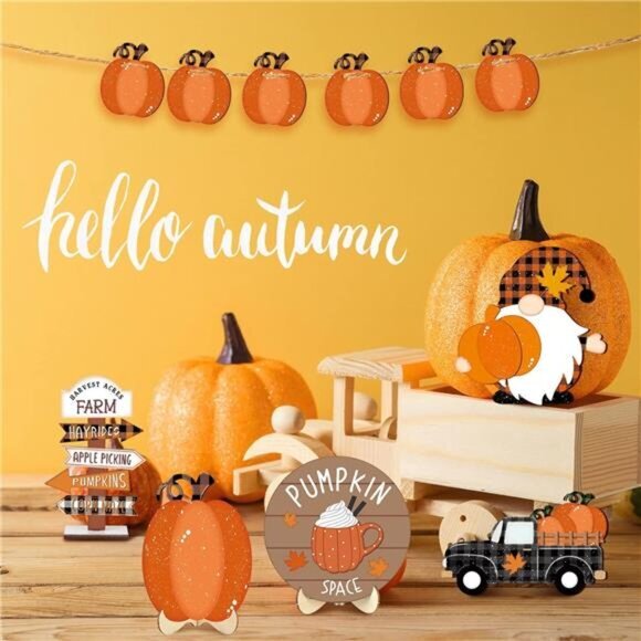 16 Pcs Fall Tiered Tray‎ Decor Set Thanksgiving Pumpkin Wooden Sign Gnomes Truck - Picture 2 of 6
